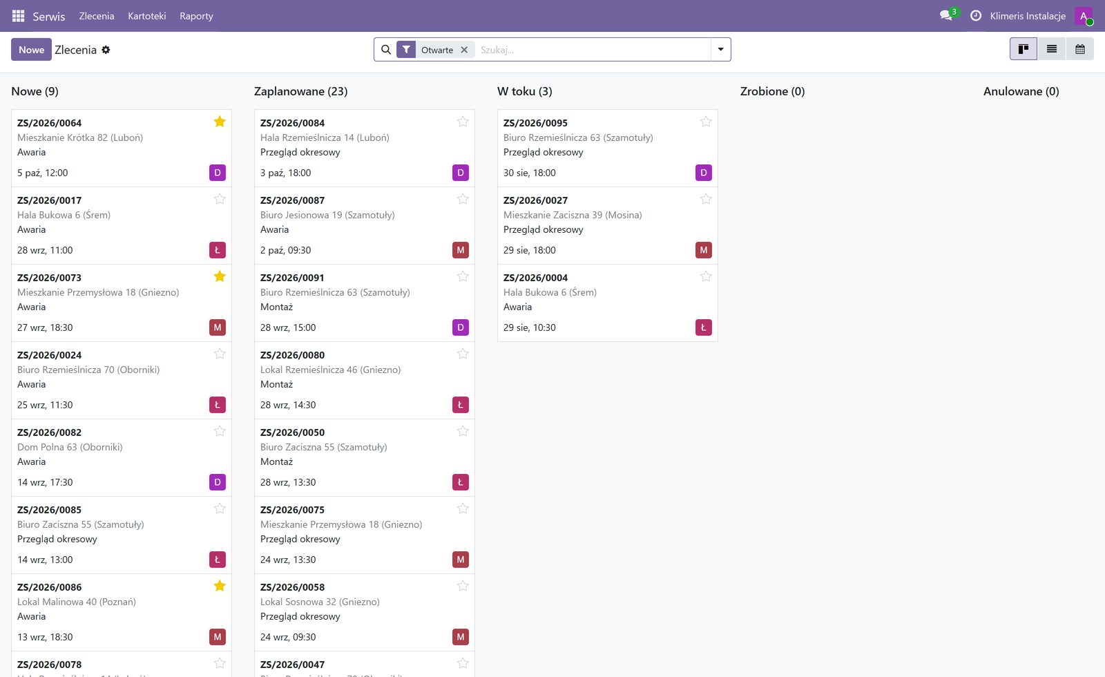 Tablica kanban ze zleceniami w kolumnach Nowe, Zaplanowane, W toku, Zrobione i Anulowane