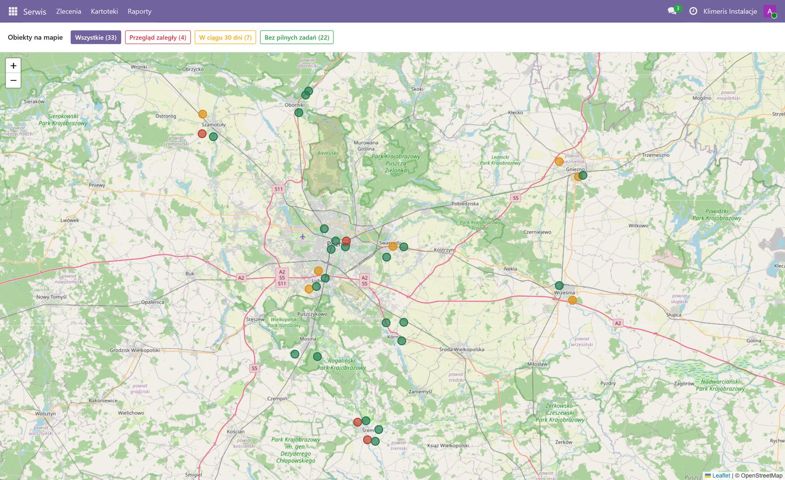 Mapa z punktami obiektów klientów wokół Poznania