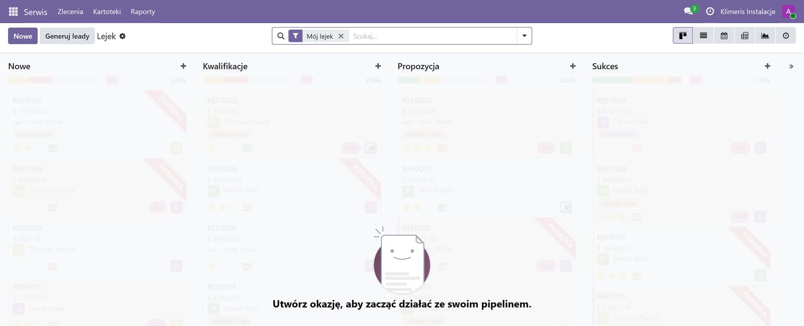 Lejek sprzedaży w widoku kanban z etapami
